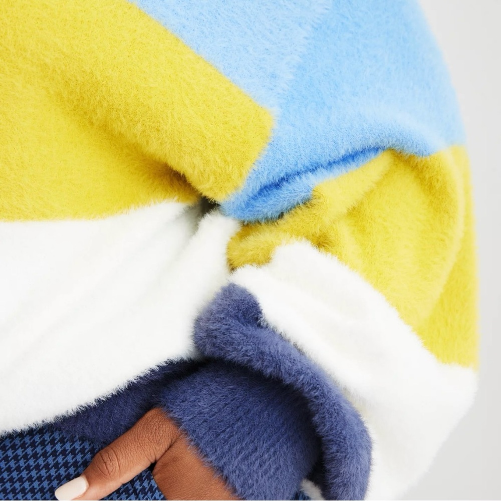 Aerie Flurry Rugby Stripes Fuzzy Oversized Crew Neck Sweater Blue Green‎ Medium - Picture 6 of 15